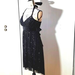 Black Chiffon Elegant Sparkle Bling Halter Midi Dress  Wedding Evening Sz.M